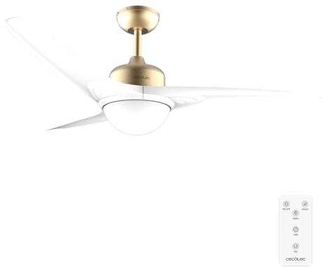 Cecotec Ventilador de Techo con Luz EnergySilence Aero 560 GoldWhite. 60W, Diámetro 52”, luz LED de 18W, Mando a distancia, Temporizador programable, 3 Velocidades y 3 Aspas. Modo winter/summer