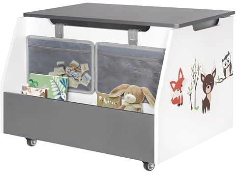ONVAYA® Spielzeug Truhe | mit praktischen Hängetaschen | Soft-Close-Deckel für mehr Sicherheit | Spielzeugkiste mit Rollen | 70 Liter Stauraum