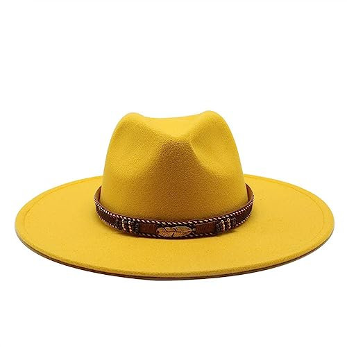 Fedora Trilby Filzhut Hut Herren- Und Damen-Fedora-Hüte Hut Mit Großer Krempe Jazzhüte Modische Damen-Nationalhüte Spielerhüte Filzhüte M(56-59Cm) Gelb