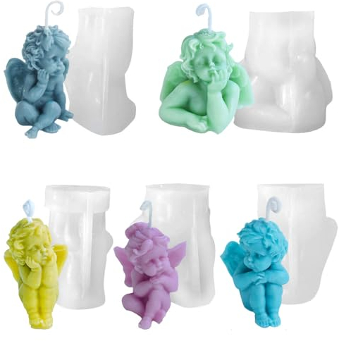 5 stampi in silicone 3D per candele, stampi in silicone a forma di angelo, stampi in silicone, per la produzione di candele, pietre aromatiche, cioccolato fai da te (angeli)