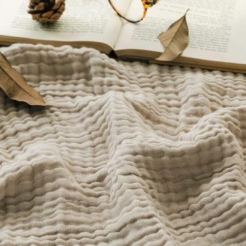 EMME Baumwolldecke 100% Musselin Decke Erwachsene 127 x 152 cm, Sofadecken Atmungsaktive Weiche Groß Decke Alle Jahreszeiten Vorgewaschen Couch Decken Baumwolle Tagesdecke, Beige