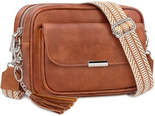 NEWIROVE Crossbody Bag Damen Leder Umhängetasche Damen Mittelgroß Handtasche Schwarz mit Breitem Gurt Verstelbaar Schultertasche Damen Mit Fransen Für den Einkauf Auf Reisen Casual,Rötliches Braun