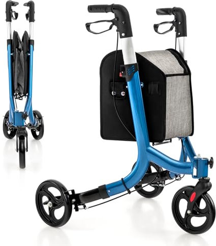 COSTWAY 3 Wheel Folding Rollator, Lightweight Aluminium Mobility Walker with Adjustable Handle, Storage Bag and Brakes, Walking Aid for Elderly Disabled (Blue, 69 x 60 x 87-99 cm)