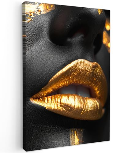 MuchoWow© Leinwand Groß 80x120 cm XXL Deko Schlafzimmer Aesthetic Leinwandbilder Wohnzimmer Gemälde Foto Geschenk Living Room Decoration Gold - Lippen - Frau - Porträt