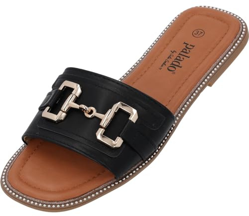 Palado Damen Pantoletten Thebas by Sila Sahin - elegante Sandalen - bequeme Sommerschuhe - modische Sandaletten mit Metallapplikationen Schwarz UK5,5 - EU38