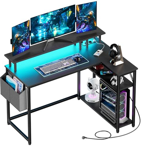 Yornoli Eckschreibtisch Gaming Tisch mit LED & Langer Monitorständer, Schreibtisch L Form mit USB-Ladeanschluss & Steckdose & Seitentaschen, Computertisch Ecktisch für Heimbüro, Kohlefaser