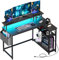 Yornoli Eckschreibtisch Gaming Tisch mit LED & Langer Monitorständer, Schreibtisch L Form mit USB-Ladeanschluss & Steckdose & Seitentaschen, Computertisch Ecktisch für Heimbüro, Kohlefaser