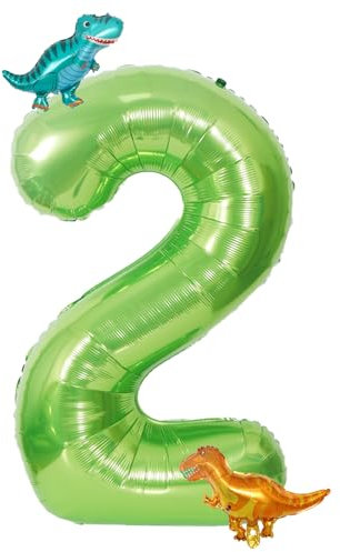 Dino Zahlen Luftballon 2. Geburtstag,40 Zoll Grün Zahlenballon 2 mit Dino Folienballon, Geburtstagsdeko 2 Jahre Junge Mädchen, Dino Zahlen Helium Ballon 2, Ballons 2 für Geburtstag Jubiläum Party Deko