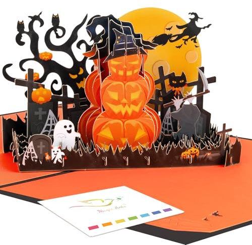 Halloween Pop Up Karte für Kinder und Erwachsene - 3D Jack-O'-Lantern Geister Spukfriedhof - Gruselige Grußkarte mit Umschlag - Lustiges festliches Halloween-Geschenk