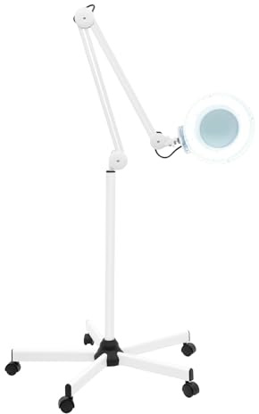 Mqwdxzfes 24W 5 Dioptrien LED Lupenleuchte, Vergrößerungslampe Stehleuchte mit LED Licht, 5 Rollen & Standfuß, Kaltlicht Kosmetik Lupe, Rollstativ Lupenlampe für Basteln, Lesen, Büro, Weiß