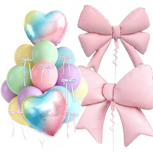 Party Deko Herz Luftballons & Schleifen Set Herzluftballons Schleifenballons Schleife Deko Babyparty Gender Revael Geburtstag Deko Hochzeit Verlobungsfeier Valentinstag Dekoration (Pastell Regenbogen)
