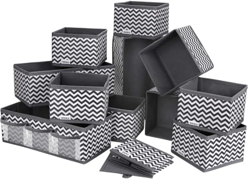 DIMJ 12 Pack Fabric Drawer Dividers Foldable Storage Boxes Ideal for Socks/Toys/Stationery/Towels/Snacks, 4 Medium & 8 Small Drawer Organiser for living rooms, nurseries, kitchens or home offices