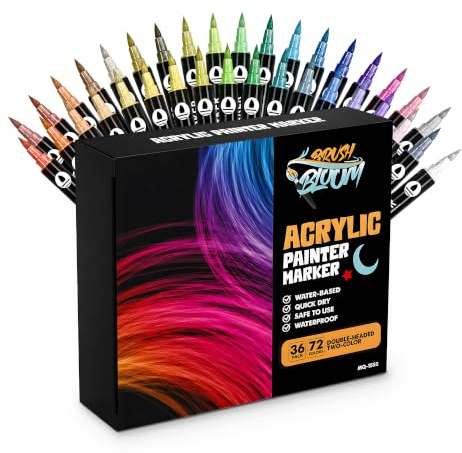 Brush & Bloom Acrylic Paint Pens, 36 Dual-Tip Brush Pens, 72 Colours, Water-Based Paint Markers for Rock Painting, Wood, Glass, Canvas & Crafts