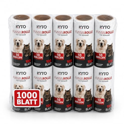 Kyto Fusselrolle 10 Stück Nachfüllpack - 100 Kleber pro Rolle - 1000 Blätter Tierhaarentferner - Fusselentferner Staub und Schmutz Wiederverwendbar Haarroller (10 Rollen Nachfüllset)