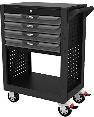 KS TOOLS 818.0004 - Servante d'atelier 4 tiroirs avec 1 soute - Ouverture individuelle et Totale des tiroirs - 4 Roues Robustes Ø 125 mm - Perforations normalisées pour Fixation d'accessoires