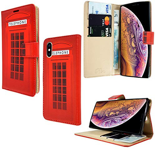PIXFAB Apple iPhone XS (5.8) Premium Telephone Booth Print Leather Wallet Phone Case Cover With Veiwing Stand & Card Slots + Screen Protector