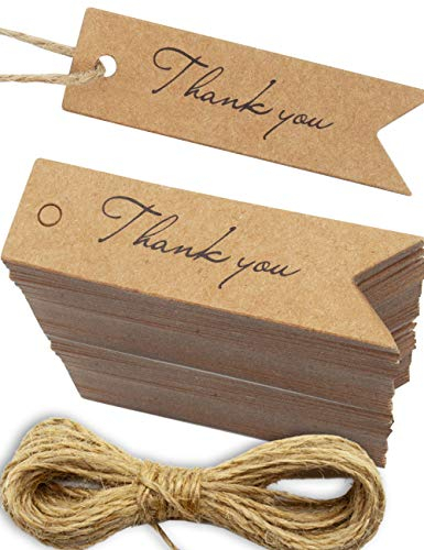 HOMETOOLS 100 Kraftpapier Geschenk-Anhänger Thank You, 7x2 cm, 10m Juteschnur, naturbraun