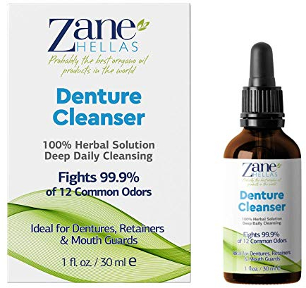 Zane Hellas Denture Cleaner. Oregano Oil Power. Ideal for Dentures, Retainers, Braces, Mouth Guards. Helps Remove Plaque, Tartar, Stains and Bad Odor. 100% Herbal Solution. 1 fl.oz.-30ml.