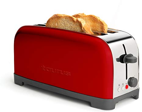 Taurus Vintage Red – Tostador, 1400W, 6 niveles de tostado, dos ranuras extra largas de anchura variable, funciones: stop, recalentar y descongelar, sistema auto centrado, acero inoxidable