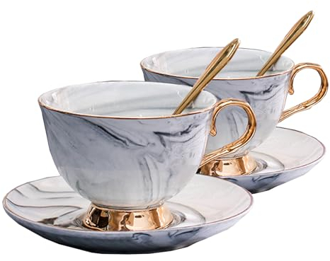 FORIDE Porcelain Tea Cup Coffee Mug Set for Morning Tea China Coffee Mug Tea Cup Gold Trim with Coffee Cup, Saucer and Spoon, 200ml (Gray (2 Set in Gift Box))