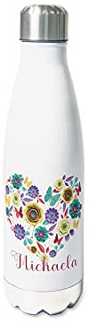 GRAZDesign Trinkflasche Edelstahl personalisiert Name, auslaufsicher Einschulung Geschenk, Thermosflasche Sportflasche Kinder/Erwachsene 500ml Blumenherz