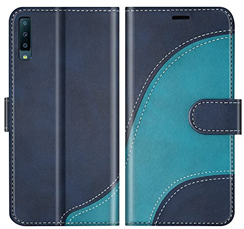 BoxTii Hülle für Galaxy A7 2018, Leder Handyhülle für Samsung Galaxy A7 2018, Ledertasche Klapphülle Schutzhülle mit Kartenfächer und Magnetverschluss, Blau