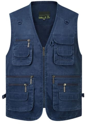 HZQIFEI Herren Outdoor Sport Weste Safari Weste mit Vielen Taschen Ärmellos Freizeit Weste für Jagd Angeln Camping (Blau, XL)