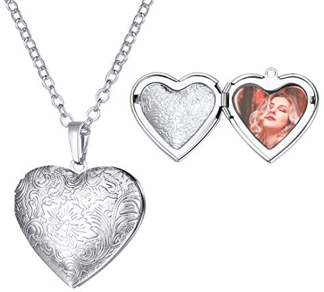 U7 Damen Halskette Anhänger Herz Medaillon zum Öffnen Reliefgravierung Blumen Foto Bilder Vintage Amulett Custom Kettenanhänger Weißgold Messing Locket Necklace Modeschmuck für Frauen Oma