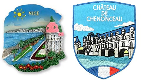 A-ONE Nice Beach France 3D-Küchenmagnet für Kühlschrank, 1 Stück + Chateau de Chenonceau Besticktes Abzeichen, 1 Stück, Landhaus-Kühlschrankmagnet, Heißleder-Aufnäher für Jeansjacke C123 + Nr. 304