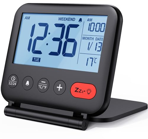 NOKLEAD Digital Travel Alarm Clock for Bedroom Office: Small LCD Desk Clock with Backlight Date Temperature Snooze 12/24H Weekend Mode and Mirror, Battery Powered Folding Bedside Clock for Adult Kids