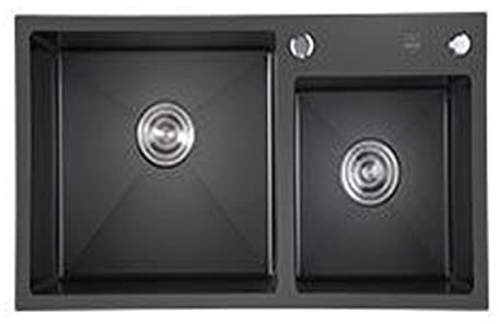 FUMANYI Fregadero De Cocina 2 Senos Fregadero Negro Incluyendo Escurridor Rebosadero Y Juego De Desagüe, sobre Encimera, Bajo Encimera O Enrasado Fregadero Exterior Jardin Barbacoa