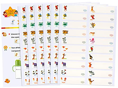 Baby Bottle Labels for Daycare, School Supplies Name Labels for Kids, Name Tags Stickers, Self-Laminating Write-On Waterproof Dishwasher Safe Self-Adhesive Label Stickers (Animals-120pcs)