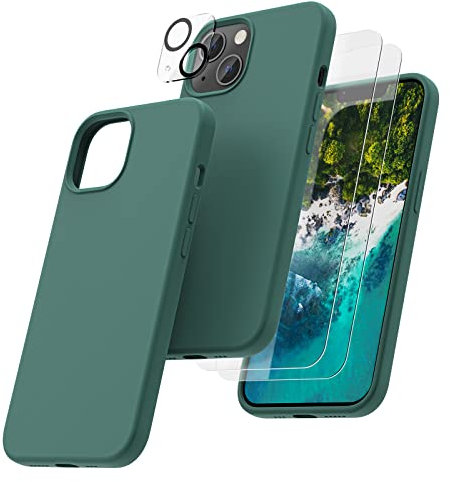 OIIAEE [5-in-1 for iPhone 13 Case 6.1,Liquid Silicone case with 2 Pack Screen Protector & 2 Pack Camera Protector, Ultra Slim Shockproof Soft Anti-Scratch Microfiber Lining—Pine Green