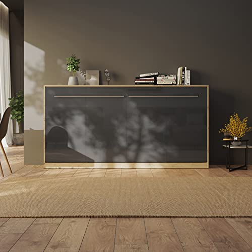 Schrankbett Standard 90x200 Horizontal Wildeiche/Anthrazit Hochglanzfront ausklappbares Wandbett, ideal geeignet als Wandklappbett fürs Gästezimmer, Büro, Wohnzimmer, Schlafzimmer