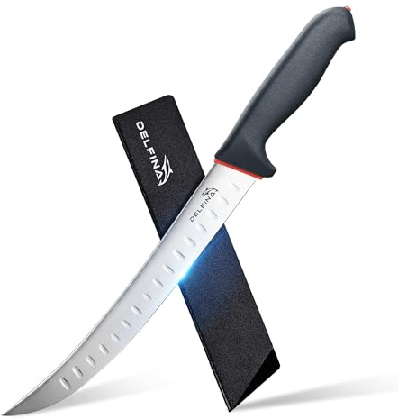 DELFINA Curved Breaking Knife 10 inch W/Sheath & SoftGrip Handle, Butcher Breaking Knife For Meat Cutting, High Carbon Japanese Steel