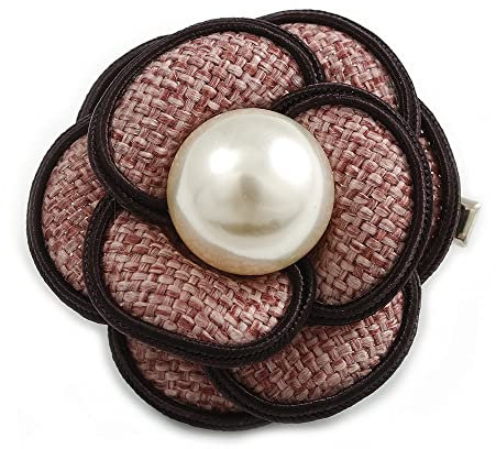 Avalaya Broche fleur en tissu rose poudré avec fausses perles crème 55 mm, taille unique, Tissu