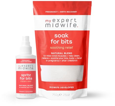My Expert Midwife Birth Postnatal Recovery Essentials with Multi-Award-Winning Perineal Spray Spritz for Bits and Soak for Bits Bath Salts, Soothe Perineum & Calm Aching Muscles (Pack of 2)