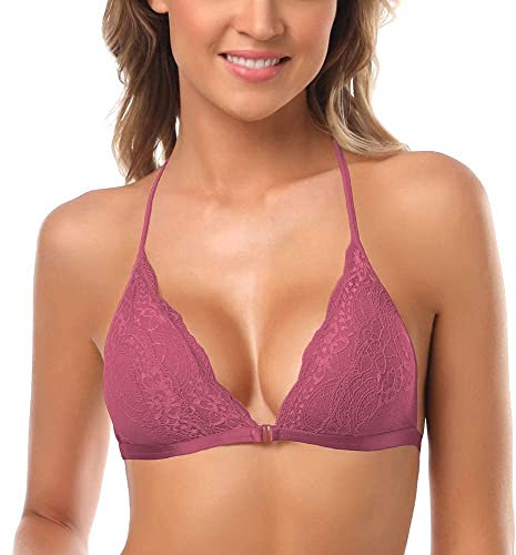 SHEKINI Women's Lace Bralette Sexy Triangular Bra Front Fastening with Removable Pads Backless Bras Plus Size, Peach, M
