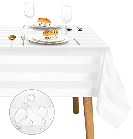 JIUZHEN Tischdecke Weiß Gestreift Tischdecke Outdoor Wasserdicht, abwaschbare tischdecke, Quadratische Wasserabweisenden mit Lotuseffekt Tischdecken Gartent, Wetterfeste für Esszimmer,130x240cm