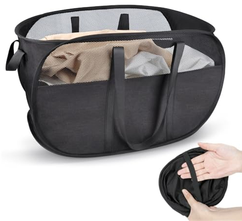HONZUEN Faltbarer Wäschekorb 70L Groß – Tragbarer Wäschesack mit Griffen & Mesh Wäschesammler, Pop-Up Schmutzwäschetasche, Laundry Basket für Badezimmer, Kinderzimmer & Reise, Schwarz