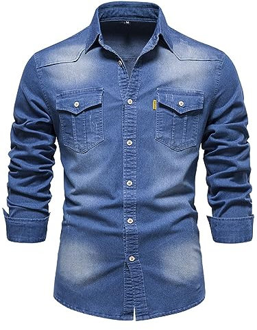 MCGOS Mens Oversized Denim Look Western Cowboy Oxford Shirts Tees Shirt Men's Long Sleeve Button Down Non Iron Slim Fit T-shirt Casual Shirts Trendy Top with Pockets Blue UK Size 20