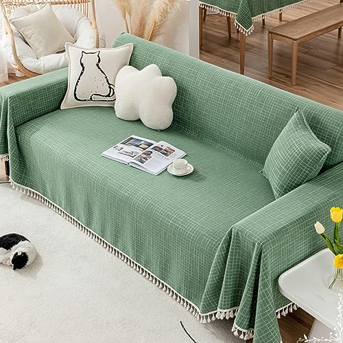 Mesnt Sofa Überzug Schlafsofa, Chenille Sofaüberwurf Decke Couch Einfarbig mit Karomuster und Quasten Grün, 180x180CM