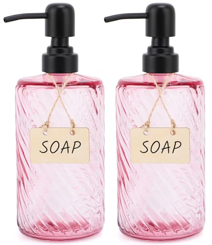 Segbeauty Pumpflasche Glas, 2 Stück Seifenspender 500ml, Duschgel Flasche Zum Befüllen, Spülmittelspender mit Edelstahlpumpe, Seifenspender Vintage Rosa, Badaccessoires