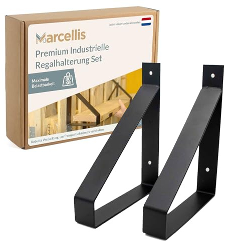 Marcellis Support d'étagère de qualité supérieure pour planches de 20 cm de large - Noir mat - 2 supports d'étagère industriels (capacité de charge de 80 kg) - Finition et matériel de montage de