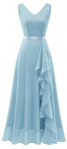 Berylove Jugendweihe Kleider Cocktailkleid Damen Elegant Hochzeitsgast Kleid Damen Ballkleider Lang Konfirmationskleider Spitzenkleid BLP7082 Lightblue L