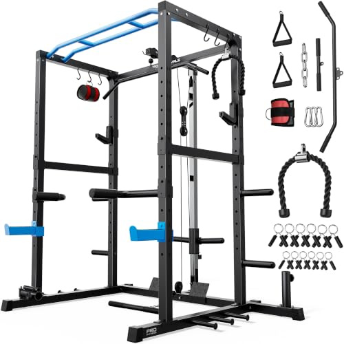 Sportsroyals Power Rack, multifunktionaler Power-Käfig mit LAT-Pulldown-Riemenscheibensystem, Kniebeugenständer mit mehr Trainingsaufsätzen für Zuhause, Fitnessstudio, 544 kg Tragkraft, Blau