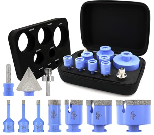 VENJELD Set Punte Diamantate 10 Pezzi - 6/6/8/25/35/50/68mm Sega a Tazza con Filettatura M14, 10mm Punta di Fresatura, 50mm Punta per Smussare e Adattatore per Piastrelle Porcellana Ceramica Granito