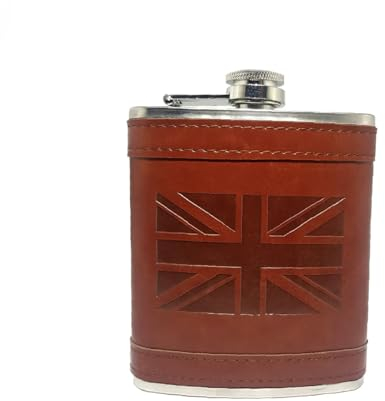 Stainless Steel Hip Flaskk with Union Jack Brown Leather Cover - Union Jack Flask - London Souvenir Flask - British Collectible Gift
