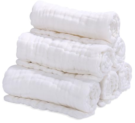 Yolistar Lange Bébé en Mousseline de Coton, 6Pcs Etiré 25x50 cm, 6 Couches, Réutilisables en Coton Biologique, Ultra Doux, Respirant, pour Nouveaux, Cadeau Naissance Fille et Garçon(Blanc)
