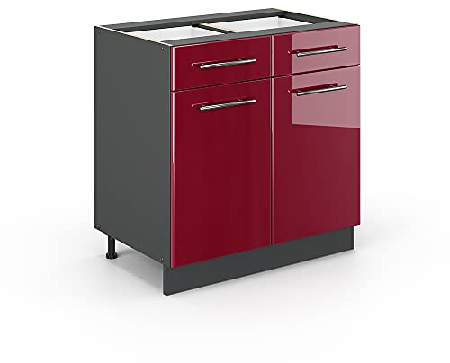 Vicco Küchenunterschrank Fame-Line, Bordeaux Hochglanz/Anthrazit, 80 cm, AP Eiche